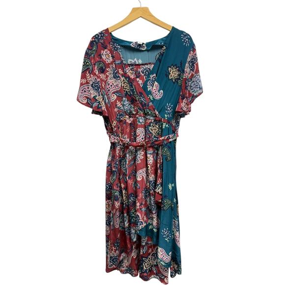 Sundance V Neck Short Sleeve Paisley Print Faux Wrap Dress Brown/Coral size PXL - Picture 2 of 6